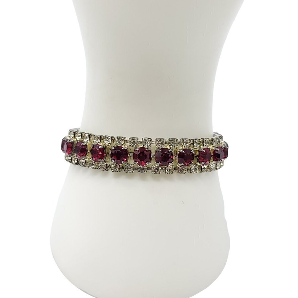 Silver Tone Clear Red Glass Rhinestone Bracelet Vintage Glam 7.25"